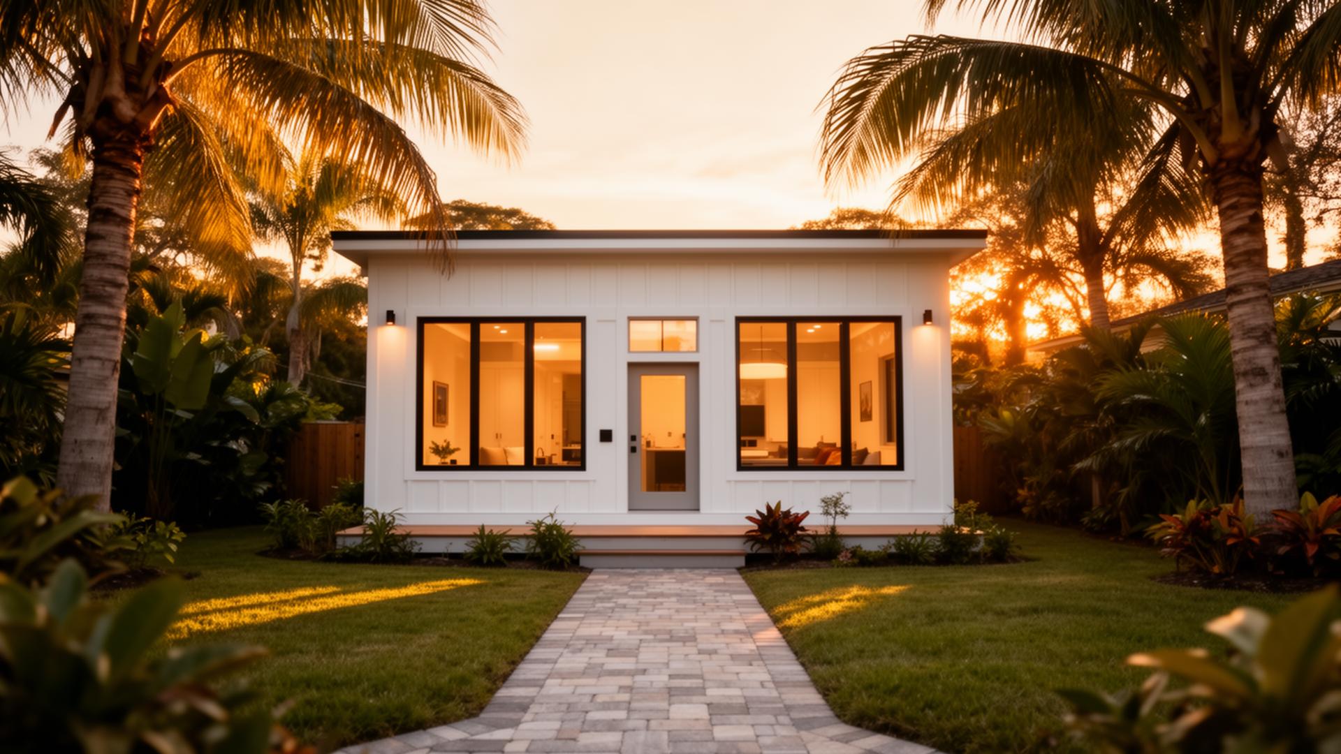 Modern detached ADU cottage in a Florida backyard at golden hour
