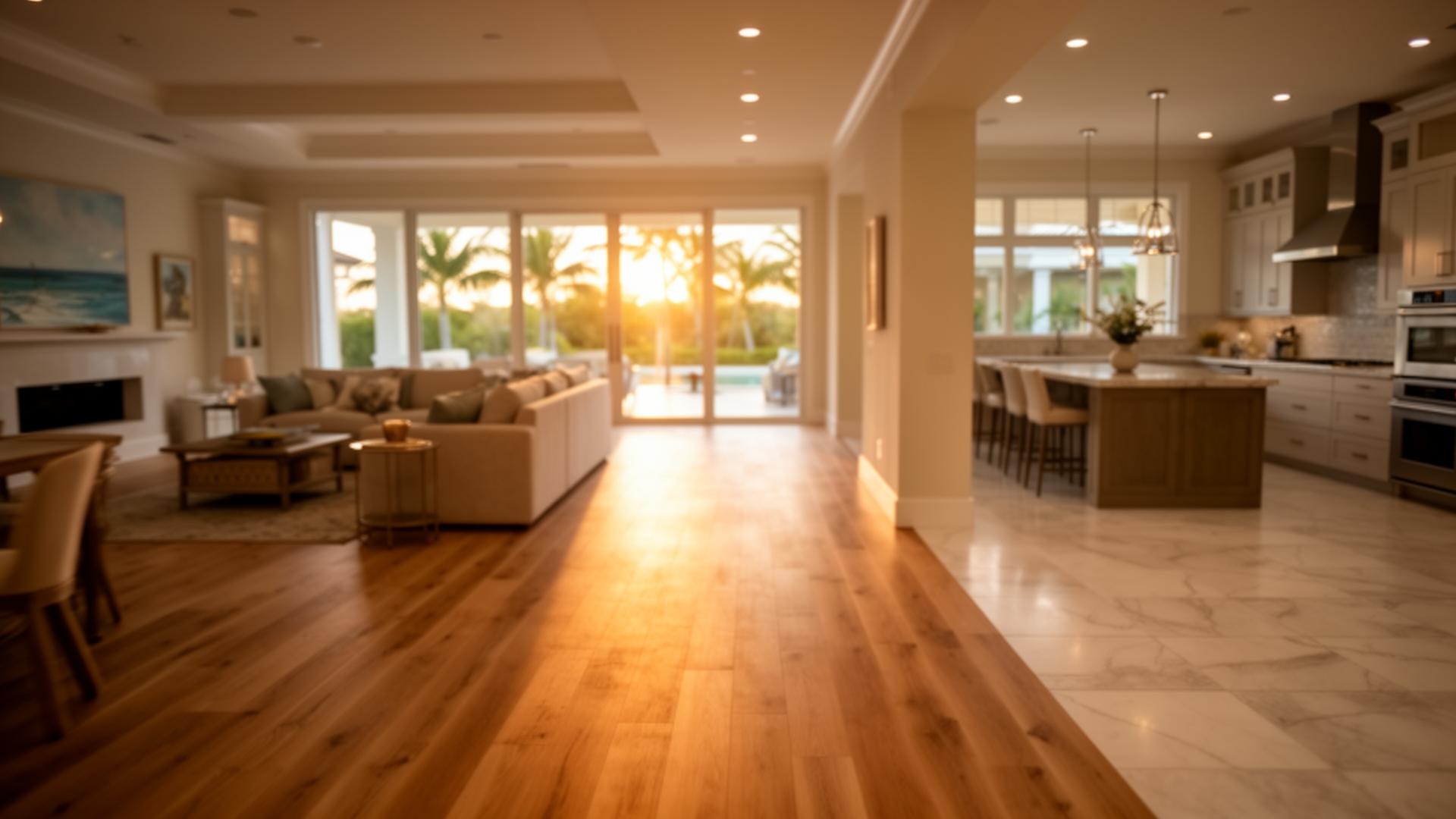 Florida home interior with hardwood and tile flooring at golden hour