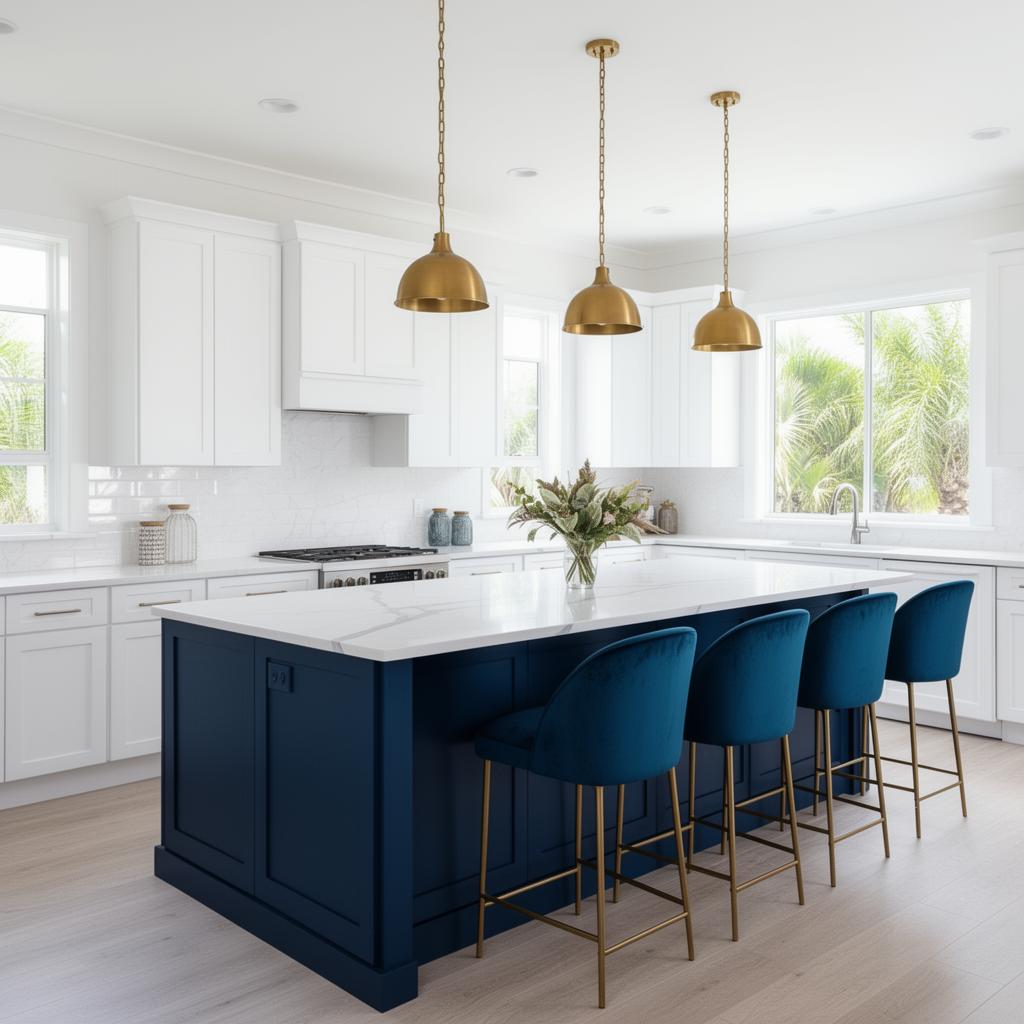 Coastal modern white kitchen with navy island and brass pendants
