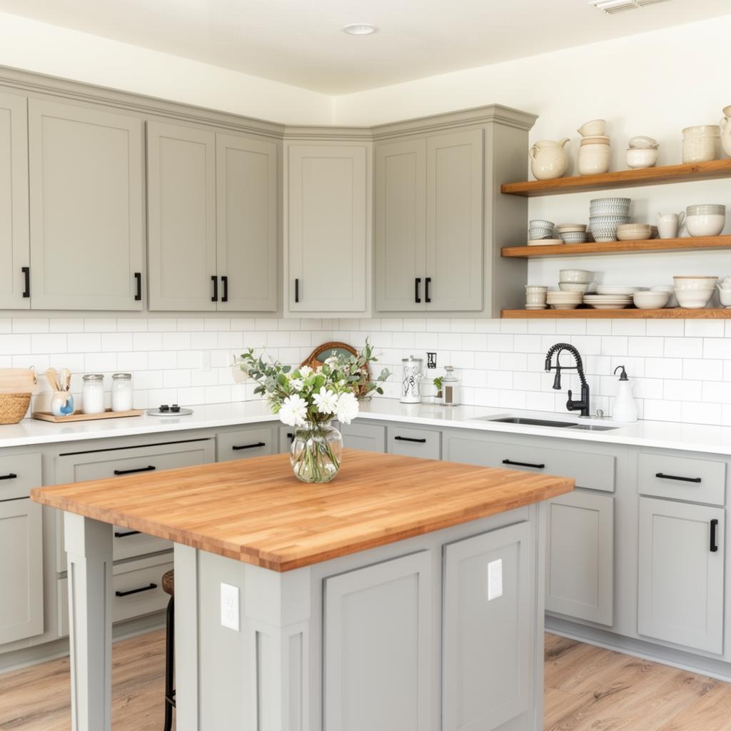 Transitional farmhouse kitchen with gray shaker cabinets and butcher block island