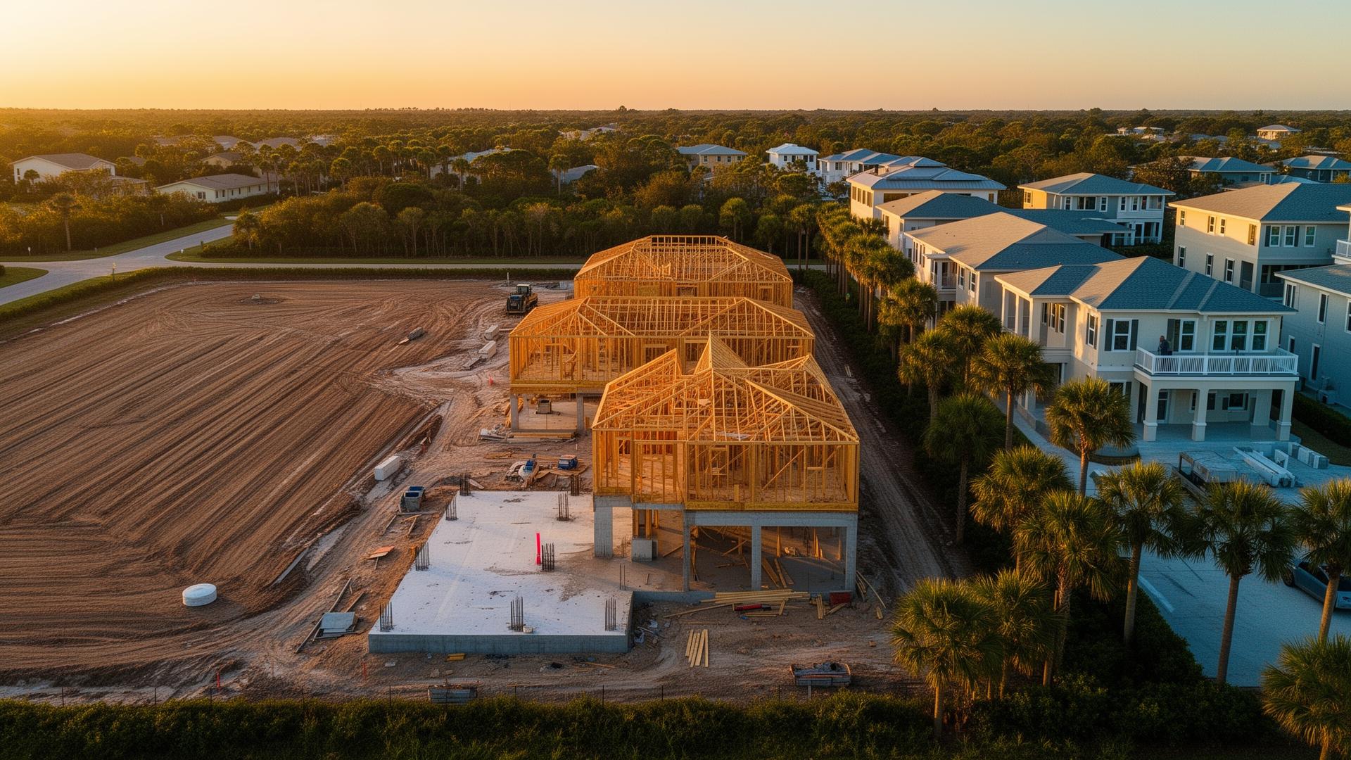 Florida new-home construction progression from empty lot to completed homes