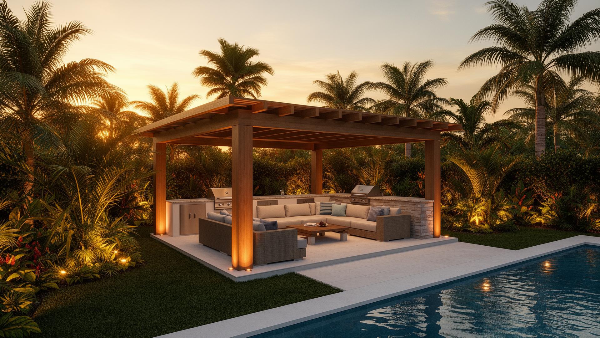 Florida backyard with pergola lounge, outdoor kitchen, and pool deck at golden hour