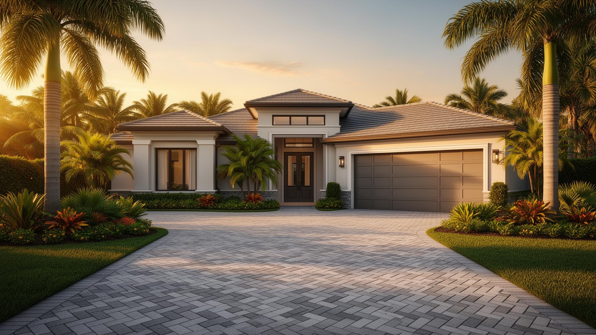 Florida modern home with paver driveway, lush landscaping at golden hour